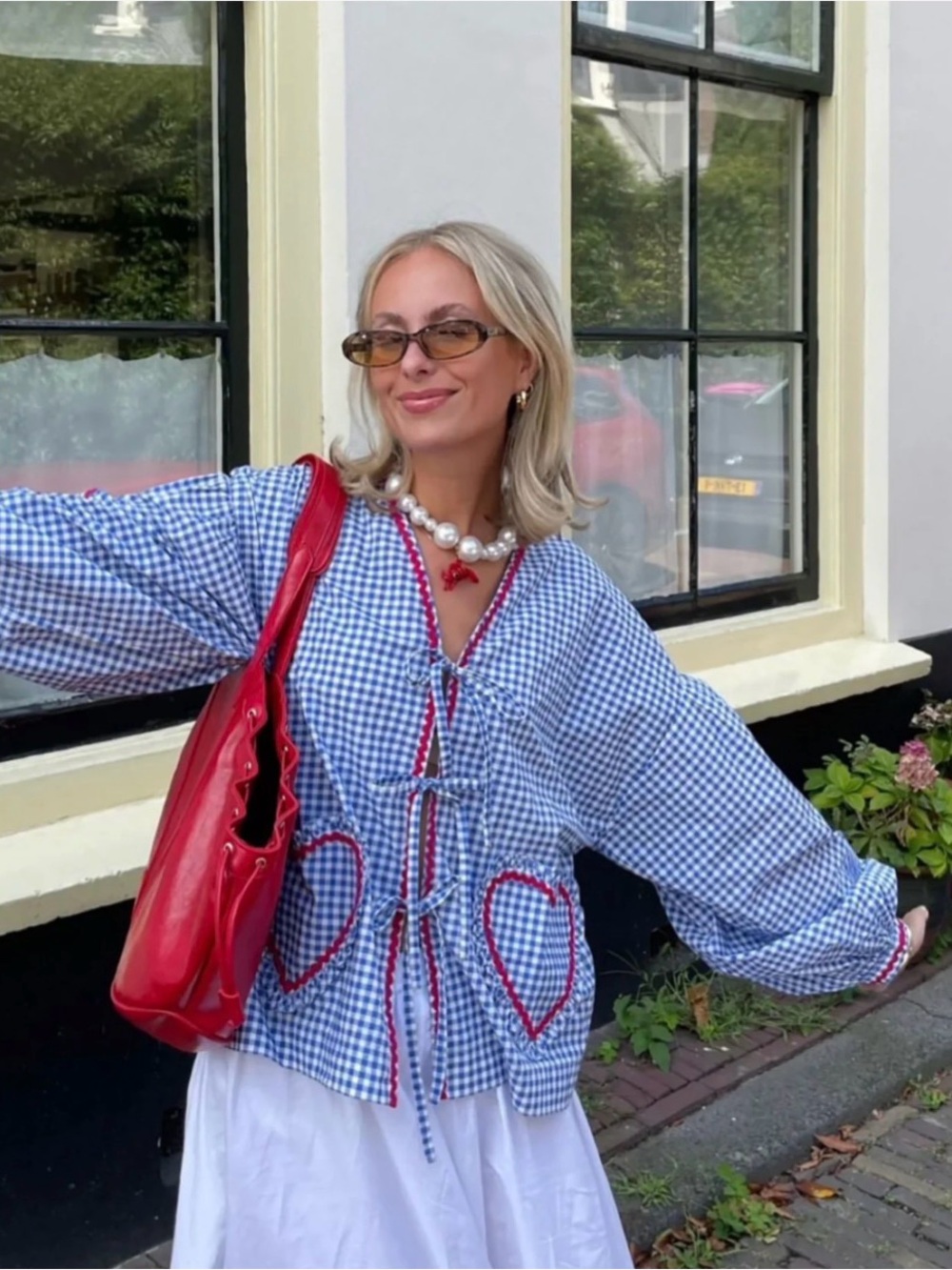 Blue Gingham Tie-Front Blouse with Red Heart Trim